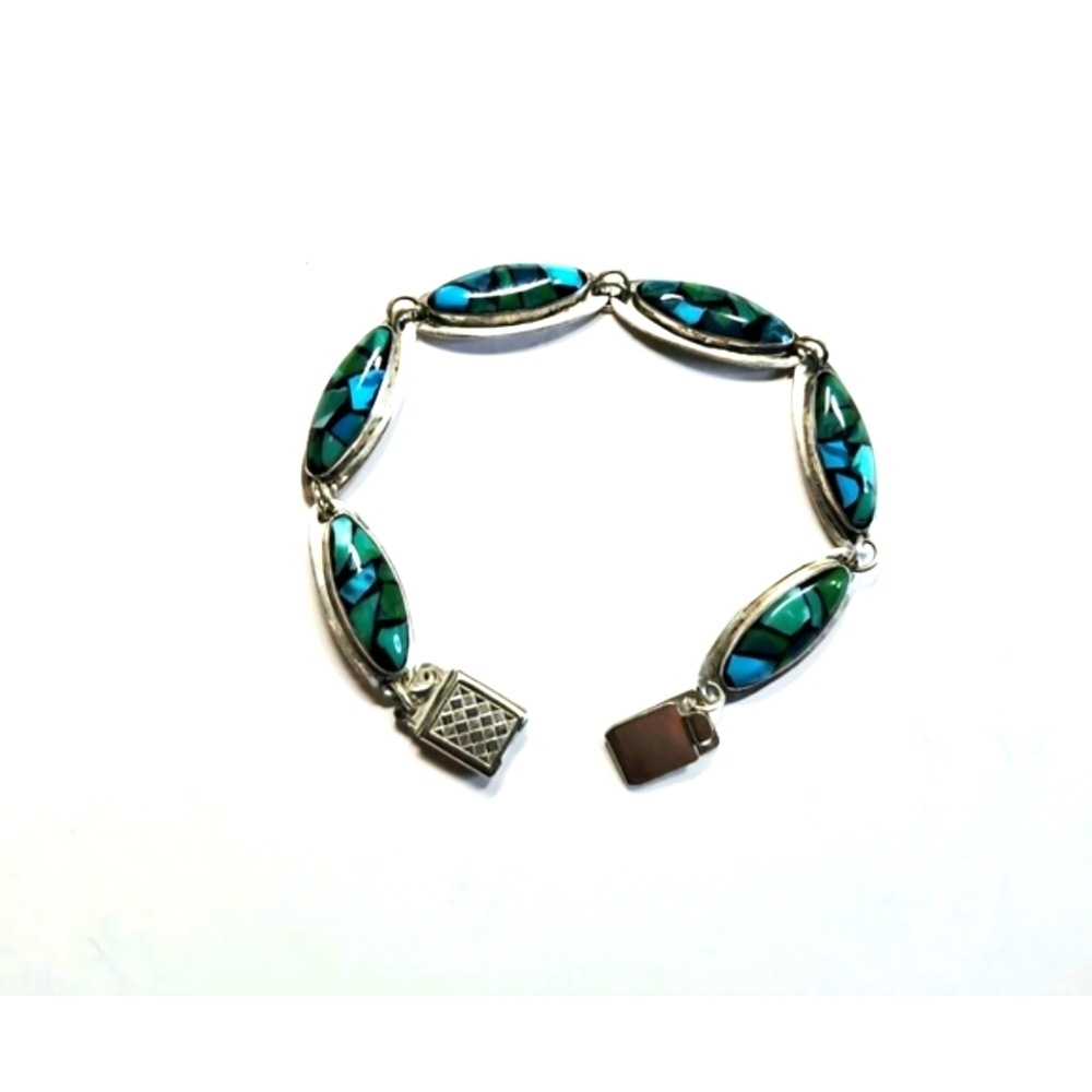 Vintage Bracelet Sterling Silver Turquiose MOP Inlay Bracelet Size 6.5 Box Clasp